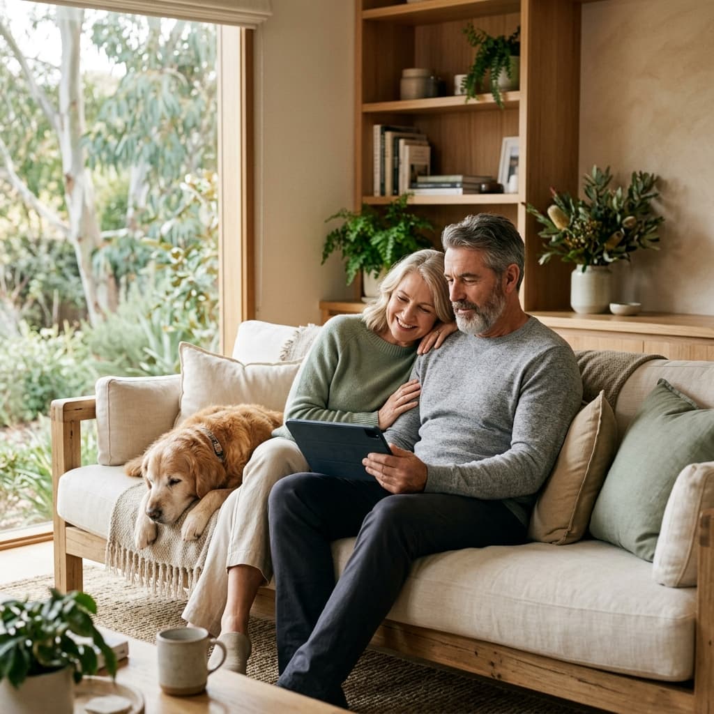 A calm family at home with their older companion animal, thoughtfully considering farewell arrangements in advance